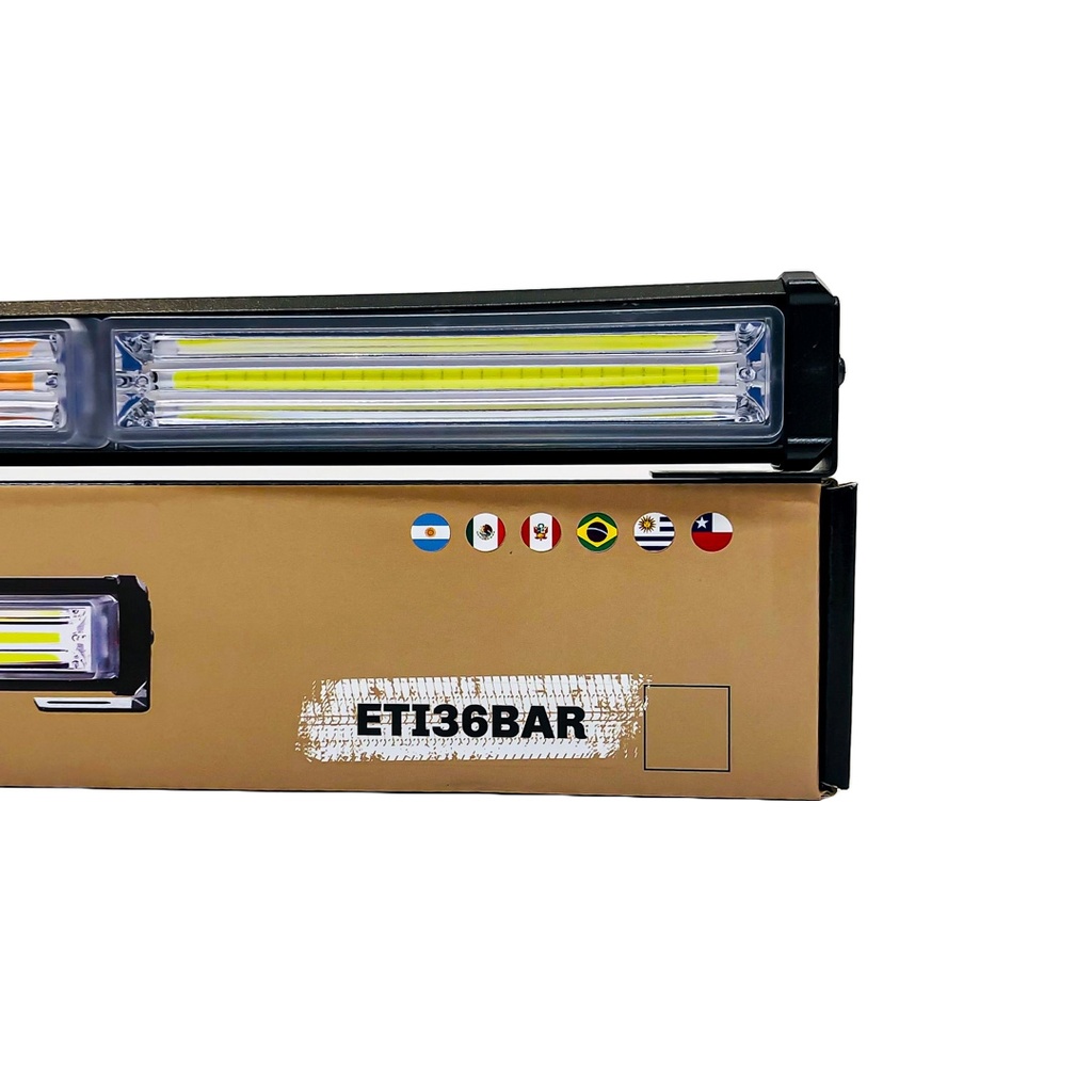 Off Road Barra LED COB Dual - 12-36V Blanca y ámbar 3 Bloques COB 45W Flash 10 Funciones 450X40X45MM Incluye Toma a 12V con Interruptor On / Off y Manejo de Funciones Destellantes