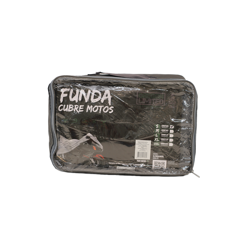 Funda Cubre Motos Tricapa Impermable - Large 232X100X125CM . Logo Dakar. PVC y Algodon 270 Gramos. Reflector Naranja, Elastico, Clips y Cierre. Anillo para Cadena Incorporado.