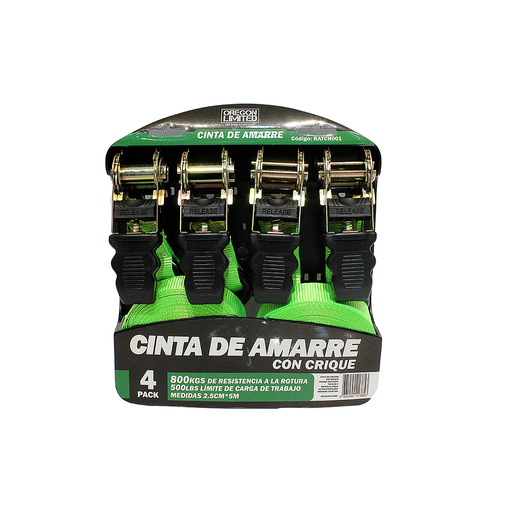 [ORERATCH001] Cinta De Amarre Con Crique Juego De 4 Piezas De 5 Metros De Largo X 2.5Cm De Ancho. Capacidad 800 Kgs
