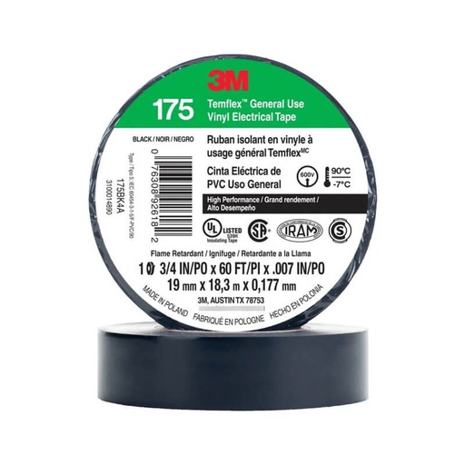 [66069] Cinta Aisladora de PVC - Temflex 175 19MM X 9M Negro